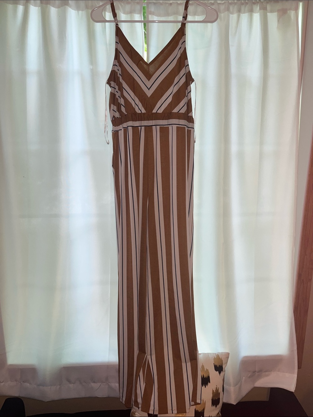 Striped Brown and White V-Neck Wide-Leg Jumpsuit